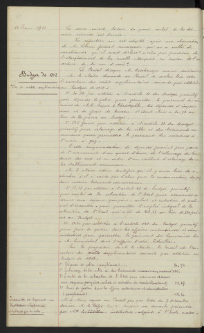 Sommaire sur les affaires à délibérer. Budget de 1912, vote de crédits supplémentaires. Indemnités de logement aux Instituteurs et Institutrices n'habitant pas les écoles.