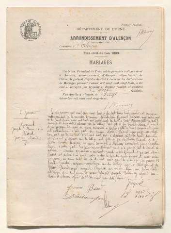 Registre des actes de mariage (1923).