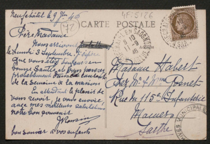 Chenay (Sarthe), Bords de Sarthe, ombre et fraîcheur, carte postale semi-moderne noir et blanc n°155, éditeur F. L. Neufchâtel, (Date d'utilisation : 9 juillet 1946), (14x9), acquisition 2020, AMA.