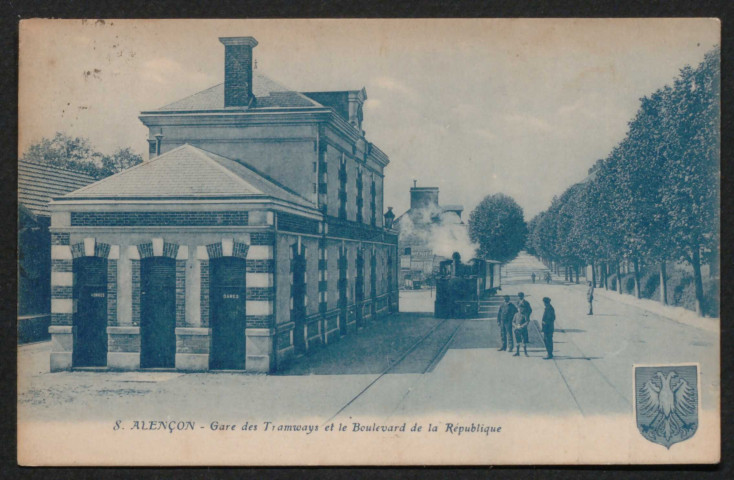 Alençon (Orne), Gare de tramways et le Boulevard de la République, carte postale ancienne noir et blanc n°8, G. Artaud éditeur, Nantes, (date d'utilisation : 13 août 1923), (14x9), AMA.