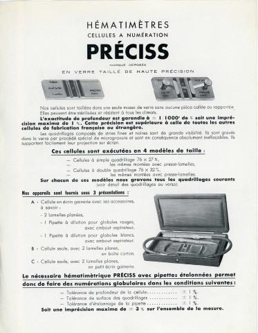 Instructions sur l'emploi du Viscosimètre et sur 'hématimètres cellules à numération : fiches techniques preciss n°340 (sd).