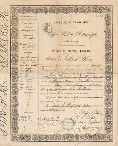 Passeport de Louise Boullay veuve Mesnier dite Louise Vallory (24 juin 1876).