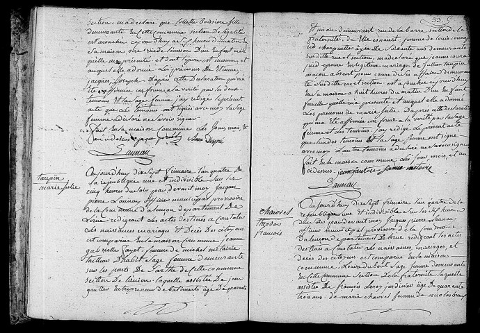 Acte de naissance de BOISSIERE Etienne Jacques Joseph enfant naturel (8 décembre 1795),acte de naissance de TAUPIN Marie Julie (8 décembre 1795),acte de naissance de CHAUVEL Théodore François (8 décembre 1795).