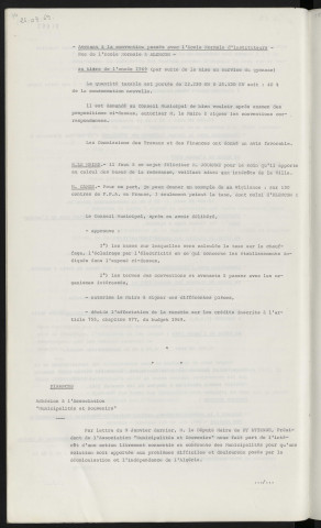 Taxes, taxe municipale sur l'électricité consommée pour le chauffage, l'éclairage et les usages domestiques, par les usagers recevant le courant moyenne tension. Finances, adhésion à l'association Municipalité et souvenirs.