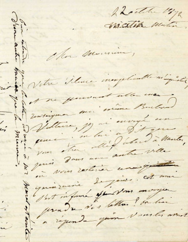 Lettre autographe signée de la femme de lettres Louise Colet au comédien Louis Fortuné Adolphe Laferrière (22 octobre 1872).