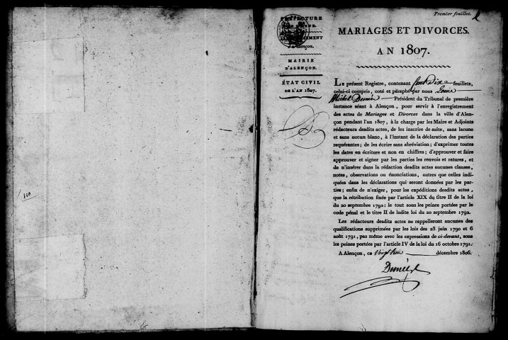 Registre des actes de mariage et divorce (1807).
