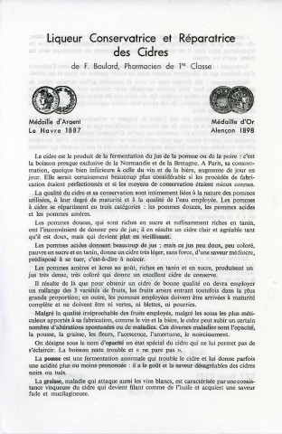Notices sur la liqueur conservatrice et réparatrice des cidres de Félix Boulard, pharmacien de 1ère classe mis en vente par son successeur Raoul Pesche (1902-1930).