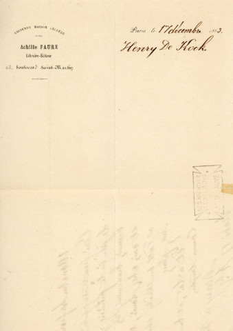 Lettre autographe signée de l'écrivain Henry de Kock à l'acteur Adolphe Delaferrière (17 décembre 1863).