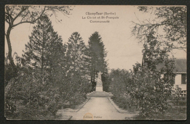 Champfleur (Sarthe), Couvent des Franciscaines de l'Immaculée Conception, "Le Christ et Saint François d'Assise", carte postale semi-moderne noir et blanc, édition Pottier, (Date d'utilisation : 30 septembre 1927), (14x9), acquisition 2020, AMA.