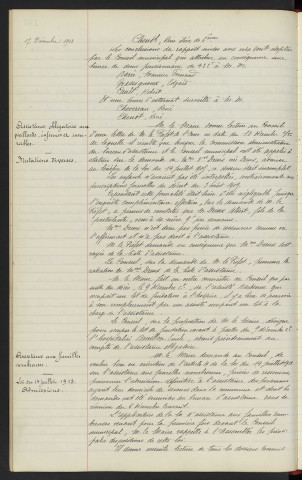 Lycée d'Alençon, bourses de demi pensionnaires et bourses d'externat , attribution, rapport. Assistance obligatoire aux Vieillards, infirmes et incurables, mutations diverses. Assistance aux familles nombreuses, loi du 14 juillet 1913 admissions