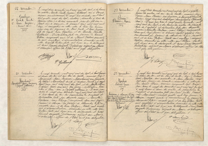 Reconnaissance de GAUTRIN Paul Emile, GAUTRIN Louis Eugène (22 novembre 1917), Acte de naissance de MARCHAND Marguerite Marie Suzanne (20 novembre 1917), Acte de naissance de BRIÈRE Denise Marie (23 novembre 1917), Acte de naissance de MARTIN Roland Louis (23 novembre 1917).
