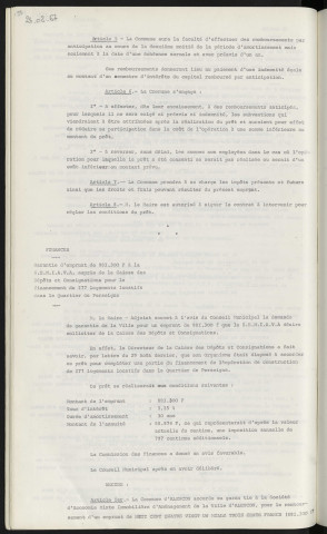 Finances, emprunt de 189 100 F auprès de la caisse des dépôts et consignations pour acquisition de classes préfabriquées pour le groupe scolaire Emile Dupont. Finances, garantie d'emprunt de 881 300 F à la S.E.M.I.A.V.A. auprès de la caisse des dépôts et consignations pour le financement de 177 logements locatifs dans le quartier de Perseigne.