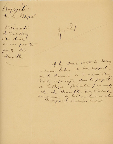 Rivière la Briante, propriété de la Bique, demande de concession d'un droit d'accès à la propriété de M. Neuville : correspondance.
