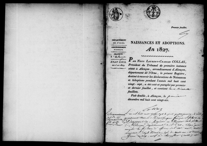 Registre des actes de naissance et adoption (1827).