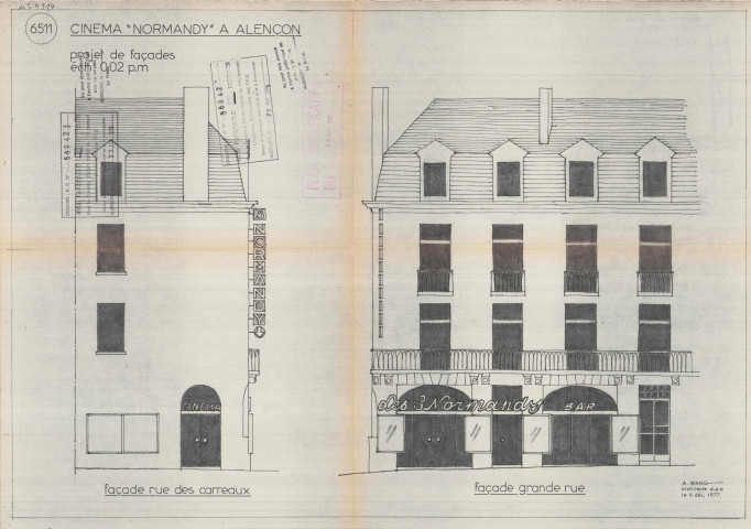 Cinéma "Normandy" à Alençon, aménagement de l'estrade de la salle 1, coupe AB, (architecte : Artémisios WANG, 1/100, 15/05/1979, modifié le : 17/05/1979, plan n°6521), papier.