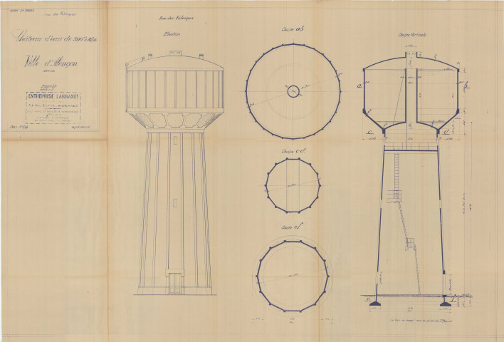 Construction d'un château d'eau de 300m3, ensemble : élévation, coupes coupes, plans(Larbanet, éch : 1/200, plan n°24, 28 mai 1936).