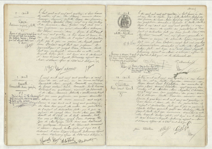 Acte de naissance de PEYRE Lucienne Suzanne Juliette (8 avril 1914),acte de naissance de COURCELLE Bernadette Marie Josèphe (9 avril 1914),acte de naissance de GODEFROY Odette Madeleine (10 avril 1914),acte de naissance de CHATELLIER Roger Ernest Paul (11 avril 1914).