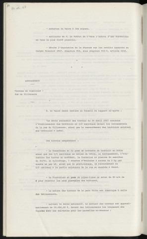 Mobilier scolaire, marché avec la maison Prénatal 175 boulevard Anatole France Saint Denis, établissement Mulca, 101 avenue de Bobigny Noisy le Sec, établissement Matco 74-76 rue Orfila Paris, établissement Pantasia Arbent, acquisition pour 1967. Lotissement, travaux de viabilité rue de Villeneuve.