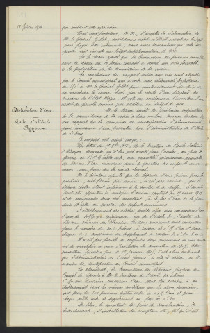 Hôtel de la brigade, chute d'un plancher, indemnité pour dégâts. Distribution d'eau, asile d'aliénés rapport