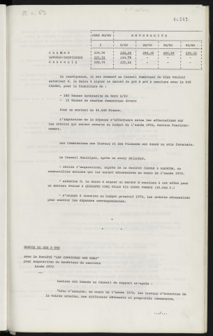 Marché de gré à gré avec la société CHAMAR pour acquisition de combustibles solides, année 1970. Marché de gré à gré avec la société "Le carrières des Noës" pour acquisition de matériaux de carrière, année 1970.