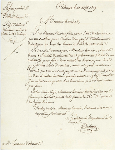 Établissement de boutiques autour de la Halle au blé (1819), projet (architecte Delarue) : correspondance, état des honoraires.