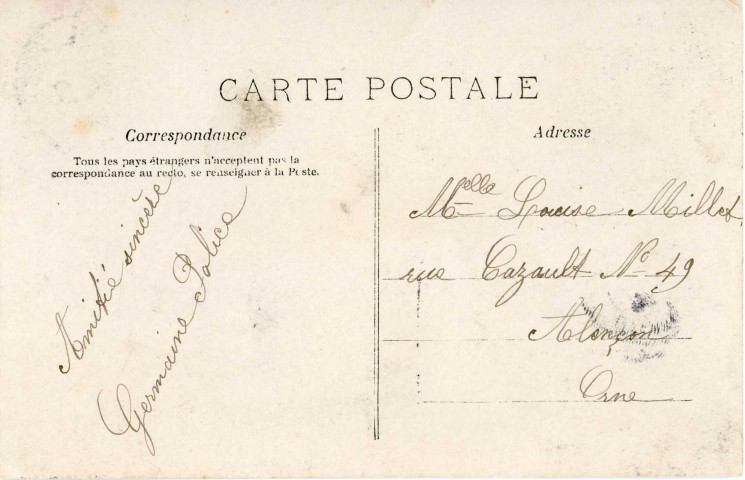 Cartes postales envoyées à Juliette Millet avant son mariage, demeurant 49-51 rue de Cazault à Alençon (collection particulière Chrystel Nail Lemaitre, 2018, AMA).