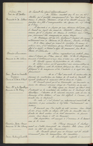 Rue du 49ème Mobile : Demande de M. LEBOUC. Denrées alimentaires : Demande de M. LEBOUC. Voirie, Route de Courteille, construction de trottoirs : Demande de M. LEBOUC. Voirie, Boulevard de la République : Demande de M. VITTOZ. Cimetière Notre-Dame, prolongement de l'allé : Demande de M. FLEURY. Eaux, Faubourg Courteille, concession d'eau : Demande de M. DESCHAMPS