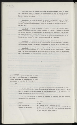 Finances, emprunt de 520 000 F "Ville de France", pour acquisition immobilières diverses nécessaires à la poursuite de travaux d'alignement de voirie. Finances, garantie d'un emprunt de 600 000 F à la S.E.M.D.O. pour compléter le financement de son programme de construction de logements dans le quartier de Perseigne.