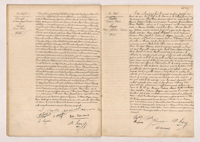 Acte de mariage de MENARD Octave Joseph Marcel et CHAPELLE Louise Marie (14 Août 1908), VACHER Ludovic Marie et NUGUE Marie Joséphine Isidorine (14 Août 1908).