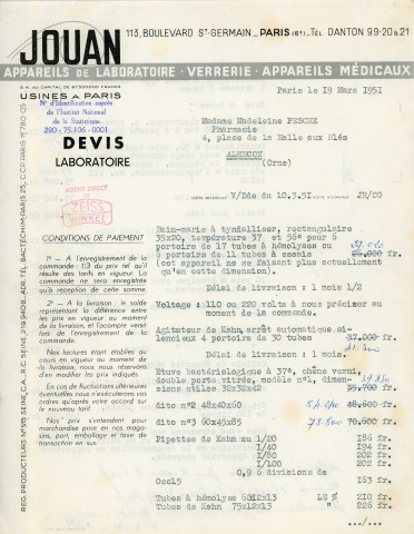 Catalogues, fiches techniques du petit matériel de laboratoire, du matériel spécial pour laboratoires d'analyses médicales, de la verrerie de laboratoire, des étuves bactériologiques,des agitateurs, des centrifugeurs de laboratoire, du photocolorimètre monocellule des établissements Jouan, devis(1951).