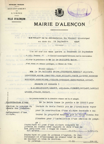 Adduction complémentaire d'eau potable pour la ville d'Alençon, aménagement d'une clôture du terrain communal et de la station de pompage (Gaston Gérard), chemin des Planches (8 - 14 septembre 1937) : devis, délibération.