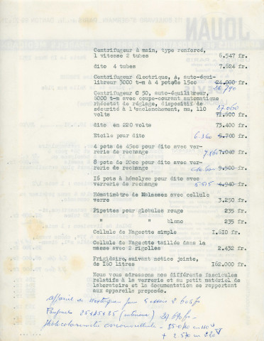 Catalogues, fiches techniques du petit matériel de laboratoire, du matériel spécial pour laboratoires d'analyses médicales, de la verrerie de laboratoire, des étuves bactériologiques,des agitateurs, des centrifugeurs de laboratoire, du photocolorimètre monocellule des établissements Jouan, devis(1951).