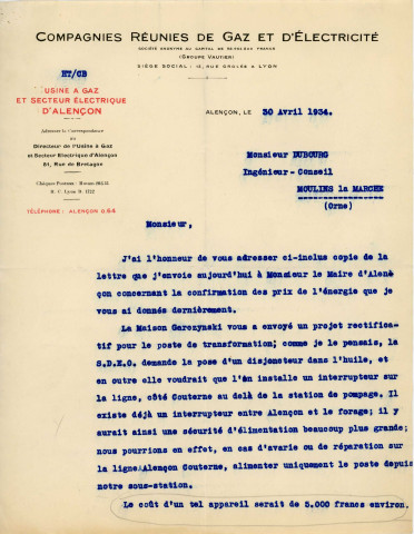 Adduction complémentaire d'eau potable pour la ville d'Alençon, installation d'une station de pompage et d'un poste de transformation, marché (Garczynski et Traploir) (28 avril 1934-7 décembre 1935) : délibération, correspondance, acte d'engagement, plan.