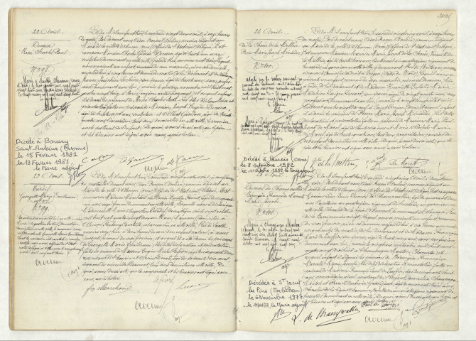 Acte de naissance de DECAEN René Charles Paul (22 avril 1903),TARDIF Georgette Marie Emilienne (22 avril 1903),DE LA CHOUE DE LA METTRIE Pierre Marie Joseph Mériadec (23 avril 1903),DUMAS DE CHAMPVALLIER Bérangère Françoise Marcelle Marie Josèphe (23 avril 1903).