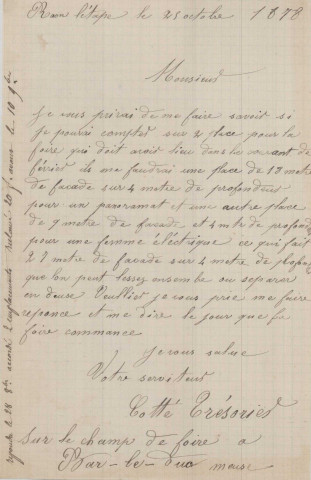 Foire de la Chandeleur (1828-1865), demandes de boutiques sous la coupole de la Halle au Blé, sur la place d'Armes : états nominatifs, correspondance, flyers, plans, mémoires.