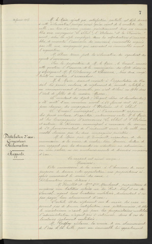 Assurances contre l'incendie pour l'immeuble 27 Rue de Sarthe, héritiers LECLERC, compagnie "La Normandie", immeuble 116 Rue Cazault, compagnie "Le Phénix", héritiers MAILLAUT, école de fille de la maison Masson, compagnie "Le Soleil" et l'Urbaine" autorisation de paiement de primes. Distribution d'eau, concessions, réclamation, rapports