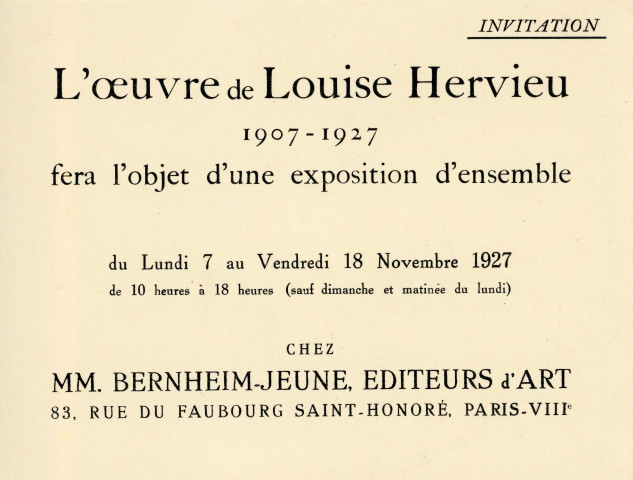 Exposition "L'œuvre de Louise Hervieu 1907-1927" (7 - 18 novembre 1927) à la galerie Bernheim-Jeune : catalogue, invitation.