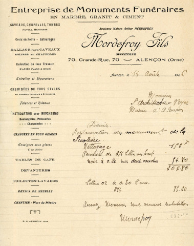 Réhabilitation du buste de la Sicotière : rapport, devis (1926).