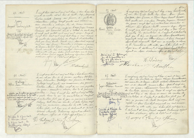 Acte de naissance de JARRY Marguerite Léontine Juliette (23 août 1913),acte de naissance de DUTRUGE Hélène Marie Clémentine (22 août 1913),acte de naissance de LOISON Renée Marie Louise (25 août 1913),acte de naissance de HOUSSIER Eugène Théodore François (25 août 1913).