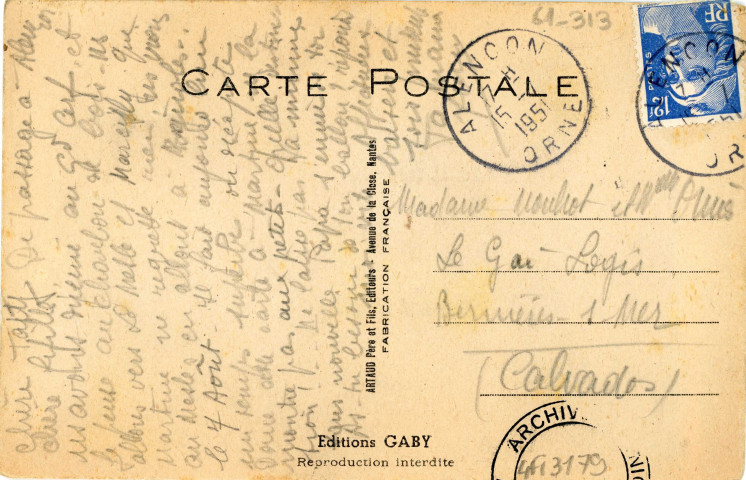 Alençon (Orne), "Mes oies! Dame point mais au fond du panier vous verrez Alençon", carte postale à système couleur n°10, Artaud père et fils, éditeur, Nantes, éditions Gaby,(Date d'utilisation : 15 juillet 1951), (14x9), AMA.
