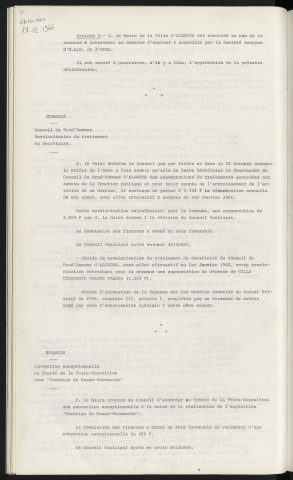 Finances, garantie d'un emprunt complémentaire de 626 263 F à la société Anonyme d'H.L.M pour la construction de 104 logements dans la Z.U.P. Finances, conseil de Prud'hommes, revalorisation du traitement du secrétaire. Finances, subvention exceptionnelle au comité de la Foire-Exposition pour "Prestige de Basse-Normandie".