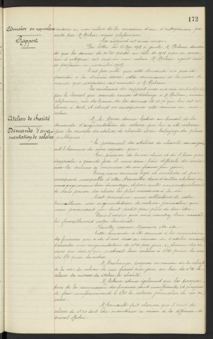 Distribution d'eau, concession, admission en non valeur, Mr HERBRON ancien plafonneur, rapport. Ateliers de charité, demande d'augmentation de salaire