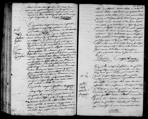 Acte de naissance de Marie Thérèse Euphrosine enfant trouvé (12 septembre 1796),acte de naissance de QUILLET Cléophée Armande Françoise (12 septembre 1796).