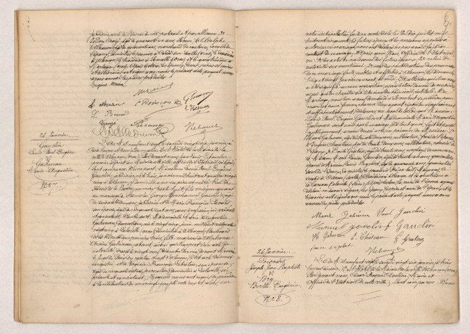 Acte de mariage de POINÇON Georges Emile Louis et MERCIER Eugénie Marie (26 Janvier 1907), GAUCLIN Louis Paul Eugène et GAHENAU Marie Augustine (26 Janvier 1907), LOISNARD Joseph Jean Baptiste et BRY Berthe Eugénie (26 Janvier 1907).