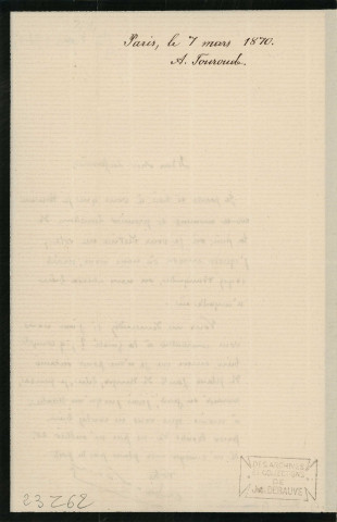 Lettre autographe signée de l'écrivain Alfred Edouard Touroude à l'acteur Adolphe Laferrière [7 mars 1870).