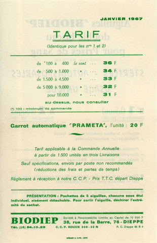 Partenariat Biodep, livraison d'échantillons : carte commande, tarif, échantillons aiguilles "nécessaires pour prise de sang", conditionnement papier kraft (15 x 11 x 0.4)