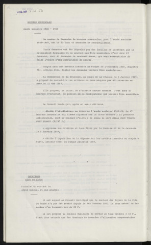 Bourses communales, année scolaire 1968-1969. Locations Cité du Repos, fixation du montant du loyer mensuel et des charges.