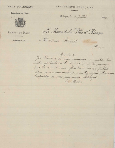 Fête nationale du quatorze juillet 1934, organisation par la commission des fêtes : correspondance, affiche,programme, flyer, devis, rapport.