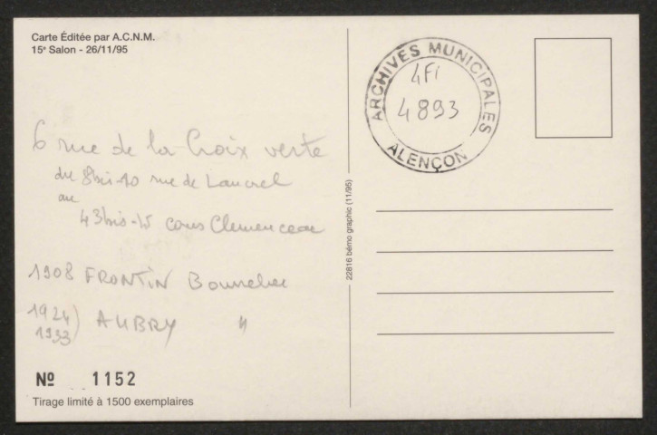 Alençon (Orne), Bourrellerie de Lancrel, carte postale ancienne noir et blanc n°1152, carte éditée par A.C.N.M, 15e salon 26/11/95, tirage limité à 1500 exemplaires, 22816 bémo graphic, sd, (14x9), AMA, 2 exemplaires.