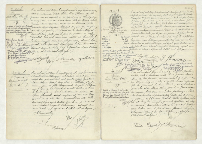 Acte de naissance de PINEAU Odette Hélène Elisa (21 avril 1913),reconnaissance de RIDOUX Raymonde Angèle (22 avril 1913),acte de naissance de TOUCHARD Suzanne Juliette Angéline Georgette Léontine (23 avril 1913),acte de naissance de LAINE Louise Jeanne Marie (24 avril 1913).